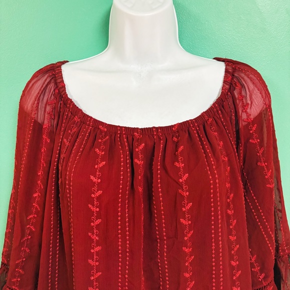 Fever Red Sheer Quarter Ruffle Sleeve Boho Blouse Womens Size 1X - Picture 5 of 9